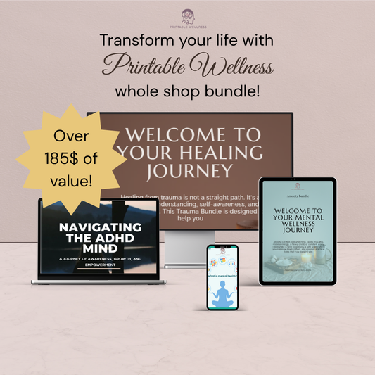 Printable Wellness Whole Shop Bundle ADHD Anxiety Trauma Self Care & Flashcards Over $185 Value